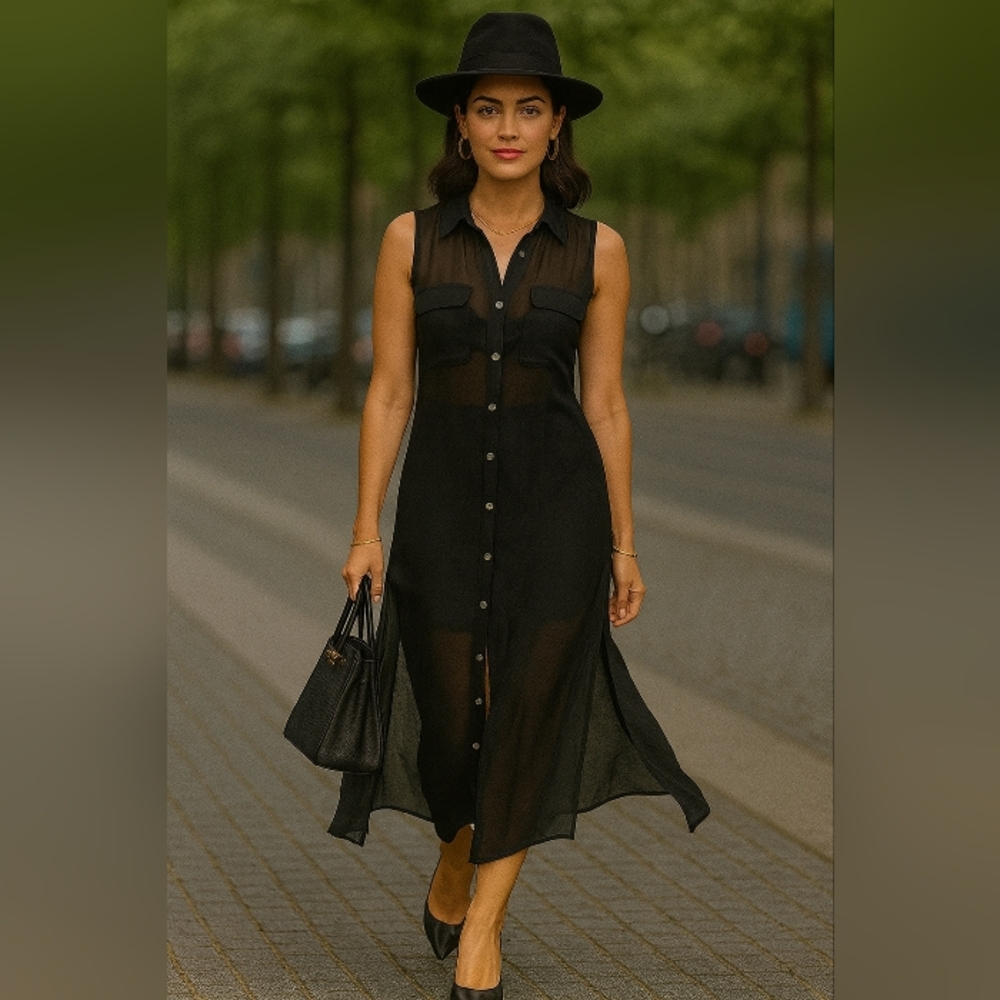 Elegant Black Sheer Button-Down Maxi Tunic Small